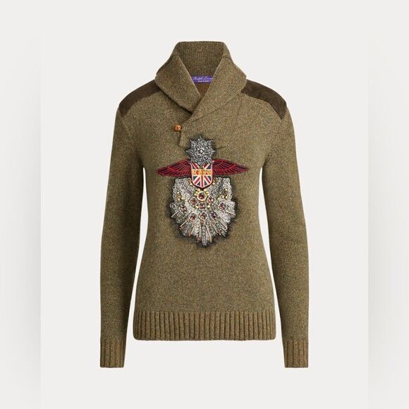 Ralph Lauren Purple Label Sweaters - Ralph Lauren Collection Anniversary Olive Cashmere Shawl Collar Shield Sweater